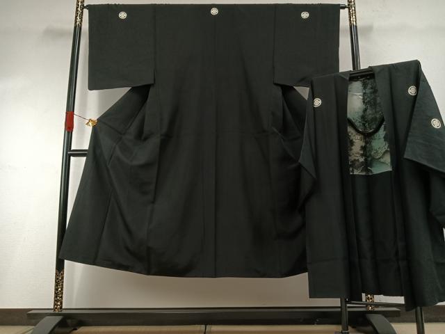 平和屋着物●男性 黒紋付 羽織セット 正絹 逸品 AABI1742fy