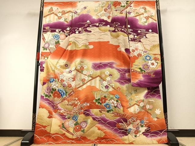 平和屋着物●豪華振袖 扇面花文 暈し染め 金彩 正絹 逸品 AABI1746fy
