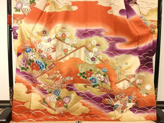 平和屋着物●豪華振袖 扇面花文 暈し染め 金彩 正絹 逸品 AABI1746fy