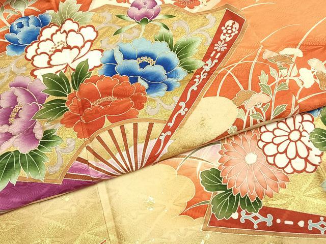 平和屋着物●豪華振袖 扇面花文 暈し染め 金彩 正絹 逸品 AABI1746fy