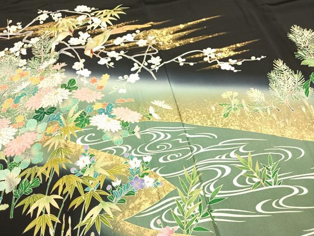 平和屋着物●高橋豊彦 黒留袖 友禅 刺繍 花鳥文 金彩 正絹 逸品 未使用 AABI1752fy