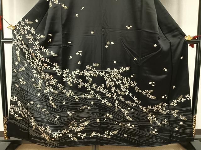 平和屋着物●訪問着 駒刺繍 萩文 黒地 金彩 正絹 逸品 AABI1753fy