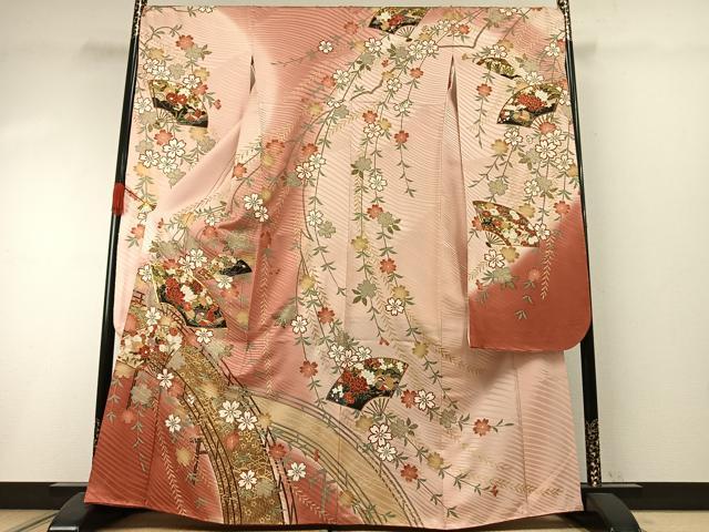平和屋着物●豪華振袖 駒刺繍 扇面花鳥文 暈し染め 金彩 正絹 逸品 AABI1755fy