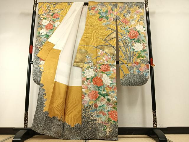 平和屋着物●豪華振袖 駒刺繍 草花文 金糸 金彩 正絹 逸品 AABI1761fy