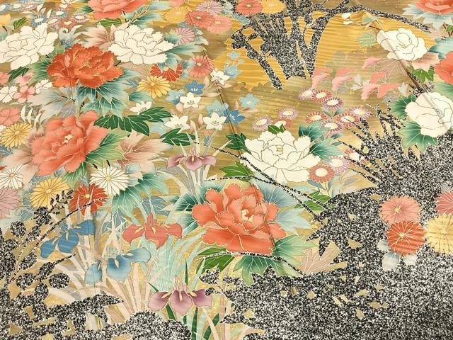 平和屋着物●豪華振袖 駒刺繍 草花文 金糸 金彩 正絹 逸品 AABI1761fy