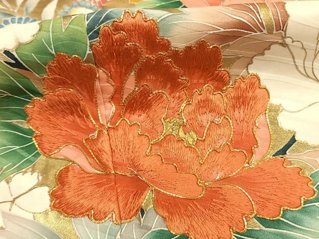平和屋着物●豪華振袖 駒刺繍 草花文 金糸 金彩 正絹 逸品 AABI1761fy