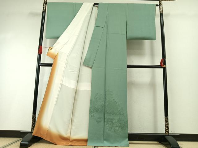 平和屋着物●無地絵羽訪問着 中国三大刺繍 汕頭刺繍 スワトウ刺繍 相良刺繍 総刺繍 風景地紋 薄萌葱色 正絹 逸品 AABI1763fy