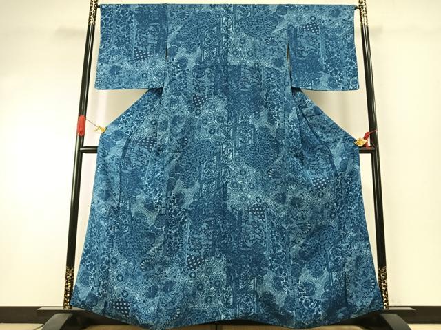 平和屋着物●上質な小紋 藍 切嵌更紗花文 正絹 逸品 AABI1769fy