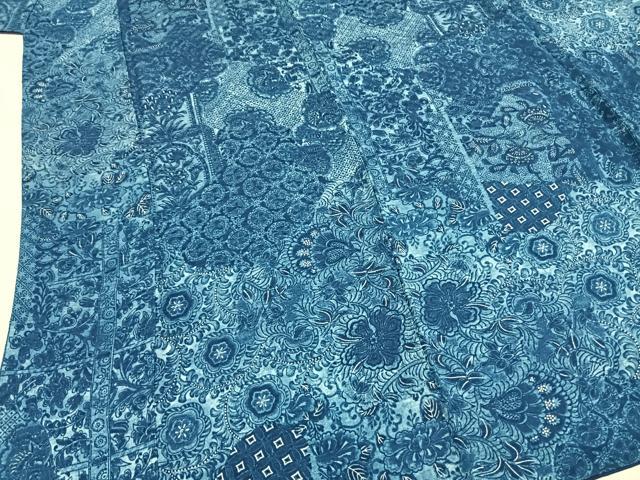 平和屋着物●上質な小紋 藍 切嵌更紗花文 正絹 逸品 AABI1769fy