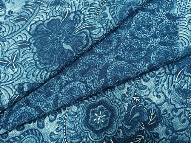 平和屋着物●上質な小紋 藍 切嵌更紗花文 正絹 逸品 AABI1769fy