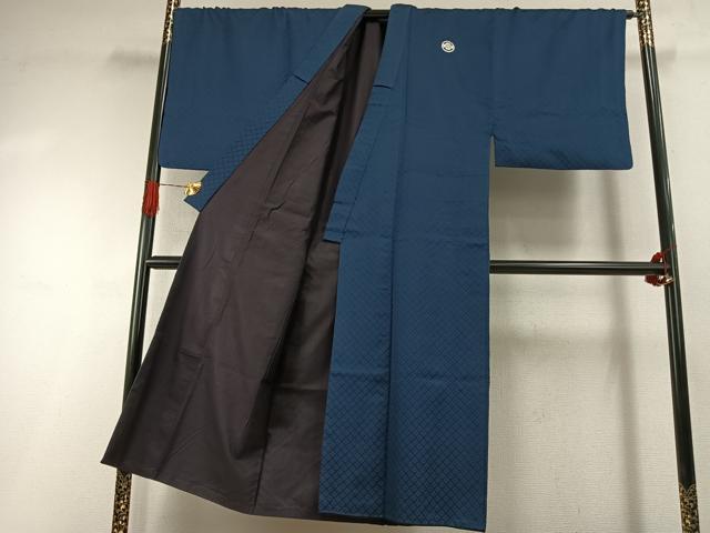 平和屋着物●男性 色紋付 羽織セット 菱地紋 青藍色 キングサイズ 正絹 逸品 AABI1771fy