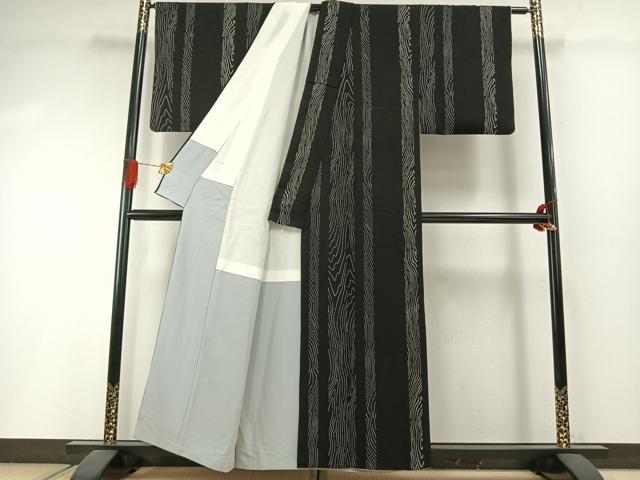 平和屋着物●染色作家 草野一騎 小紋 杢目間道 黒地 正絹 逸品 AABI1772fy