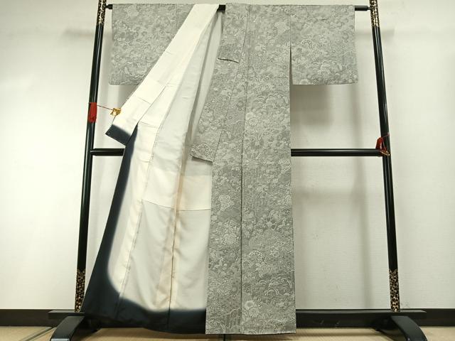 平和屋着物●山岡古都・古都染人 染織美術品 薬墨染 天目織 お召 草花文 反端付き 正絹 逸品 AABI1794fy