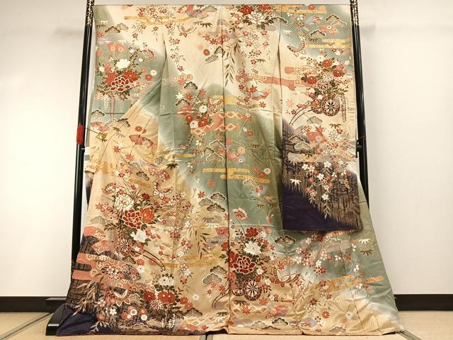 平和屋着物●豪華振袖 駒刺繍 花蝶文 暈し染め 金彩 仮絵羽 逸品 未使用 AABI1810fy