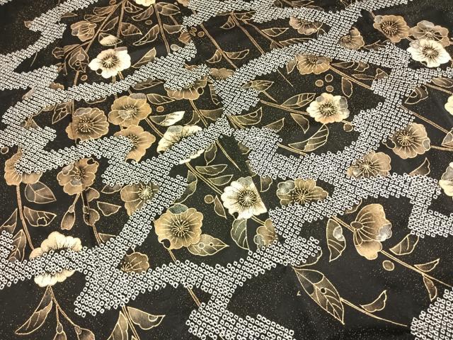 平和屋着物●訪問着 絞り 刺繍 辻が花 黒地 金通し地 正絹 逸品 AABI1818fy