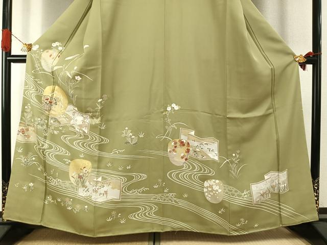 平和屋着物●訪問着 友禅 駒刺繍 草花文 金彩 正絹 逸品 未使用 AABI1820fy