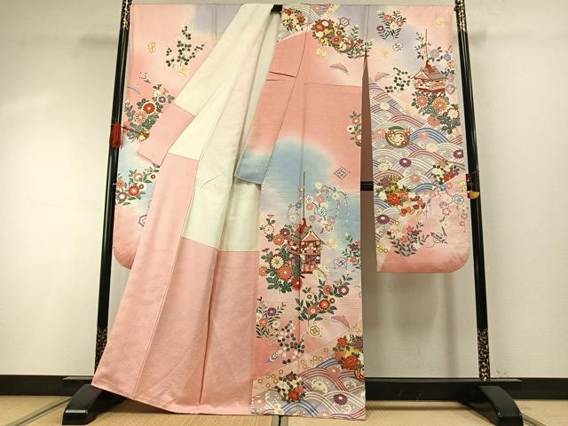 平和屋着物●豪華振袖 駒刺繍 草花文 暈し染め 金彩 正絹 逸品 AABI1845fy