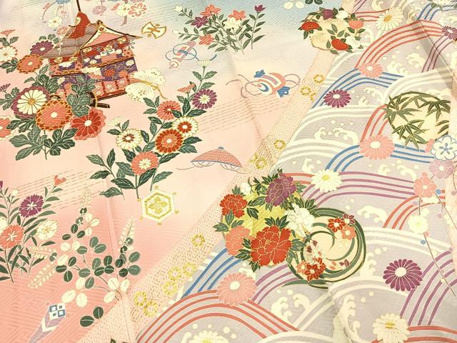 平和屋着物●豪華振袖 駒刺繍 草花文 暈し染め 金彩 正絹 逸品 AABI1845fy