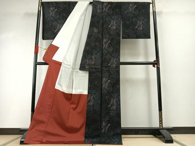 平和屋着物●本場大島紬 草葉文 黒地 ロング丈 正絹 逸品 AABI1847fy