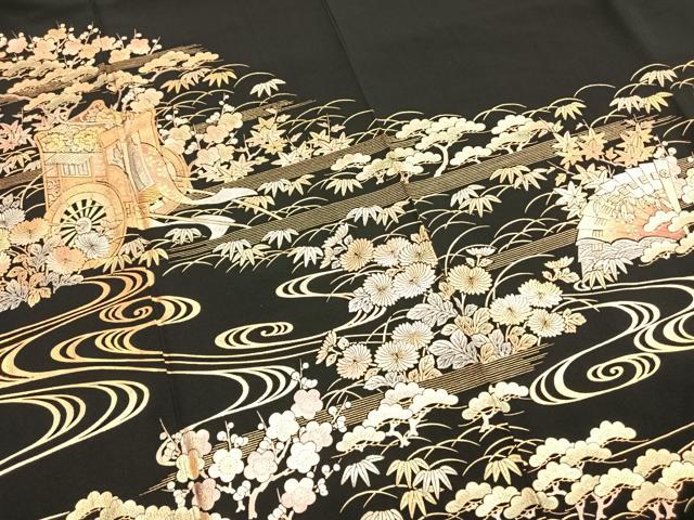 平和屋着物●金彩友禅 卓越技能者・名工・和田光正 黒留袖 松竹梅 御所車花文 金銀彩 正絹 逸品 未使用 AABI1850fy