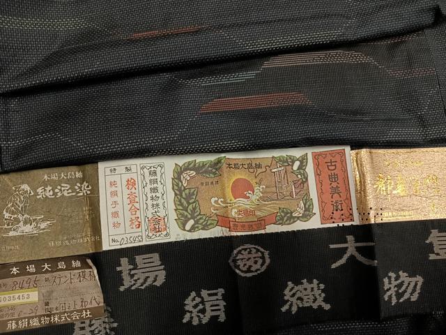 平和屋着物●都喜ヱ門 本場大島紬 カタス7マルキ 純泥染 手織 ステンド模様 藤絹織物謹製 証紙付き 正絹 逸品 AABI1865fy