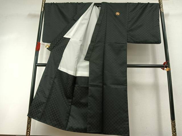 平和屋着物●男性 黒紋付 羽織セット 菱地紋 キングサイズ 洗える着物 AABI1866fy