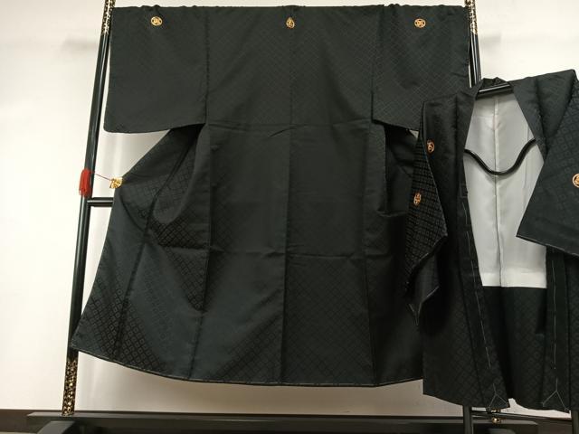 平和屋着物●男性 黒紋付 羽織セット 菱地紋 キングサイズ 洗える着物 未使用 AABI1868fy