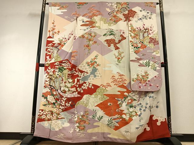 平和屋着物●豪華振袖 駒刺繍 御所車花文 金銀彩 正絹 逸品 AABI1887fy