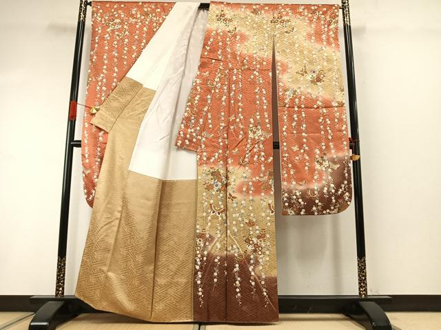 平和屋着物●豪華振袖 駒刺繍 花蝶文 暈し染め 金彩 正絹 逸品 AABI1890fy