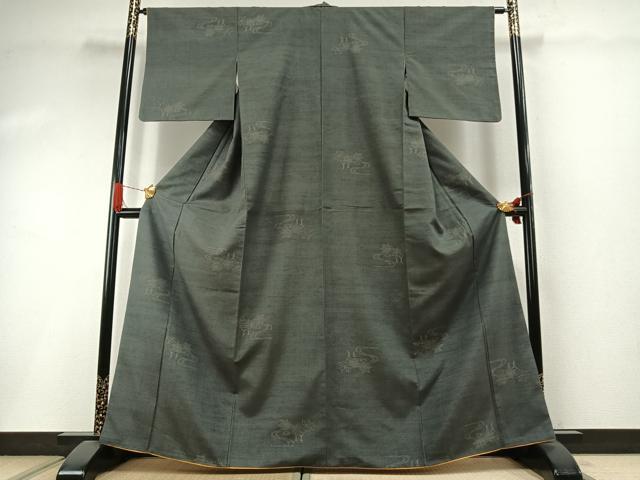 平和屋着物●結城紬 80亀甲 飛び亀甲柄 流水舞葉文 さが美扱い 正絹 逸品 AABI1896fy