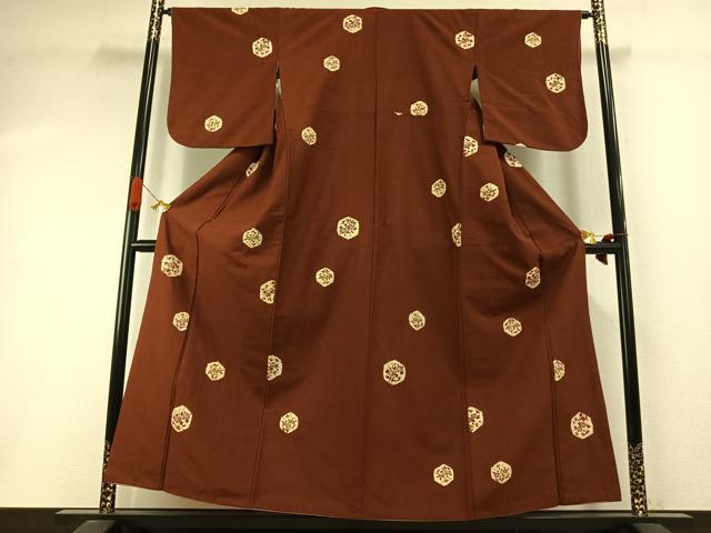 平和屋着物●上質な小紋 紬地 手描き 絞り 亀甲花文 正絹 逸品 AABI1899fy