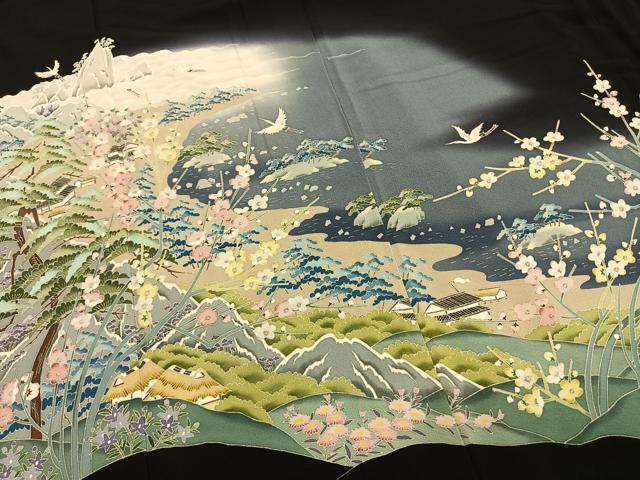 平和屋着物●本加賀友禅作家 小田美知代 黒留袖 風景花鳥文 正絹 逸品 AABI1900fy