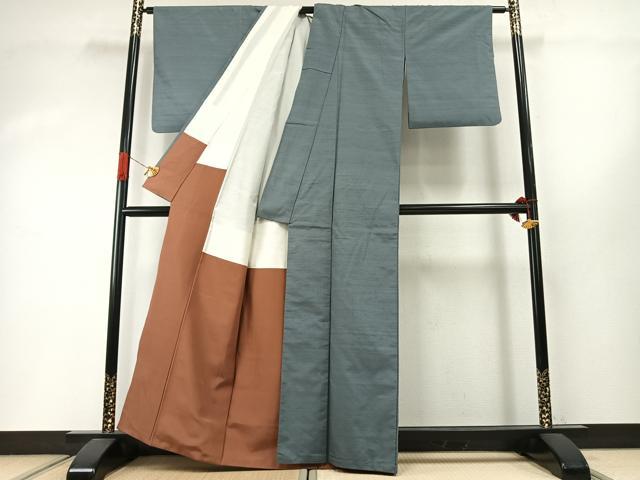 平和屋着物●上質な紬 色無地 湊鼠色 正絹 逸品 AABI1978fy