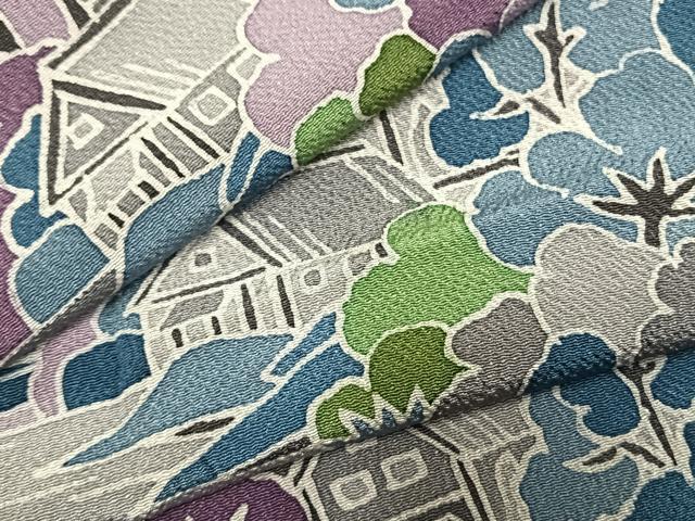 平和屋着物●上質な小紋 風景文 鬼しぼ縮緬 正絹 逸品 AABI1989fy