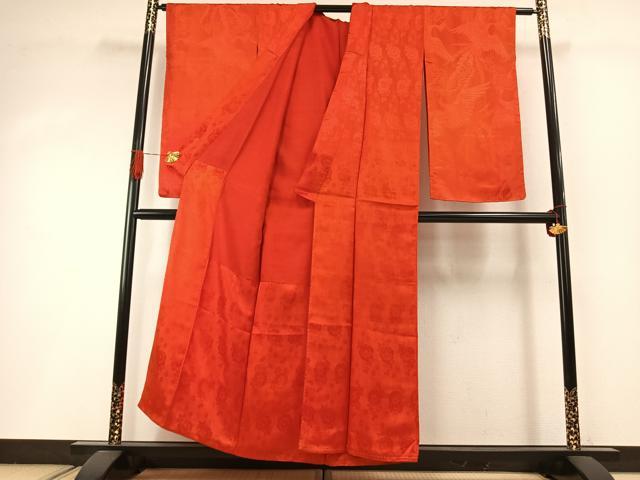 平和屋着物●アンティーク 大正ロマン 小振袖 花鳥地紋 紅緋色 正絹 逸品 AABI1998fy