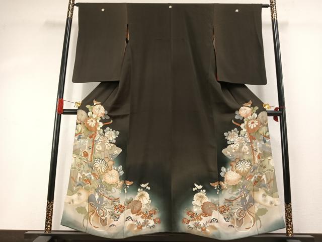 平和屋着物●アンティーク 大正ロマン 黒留袖 両褄 駒刺繍 扇面花文 暈し染め 正絹 逸品 AABI1999fy