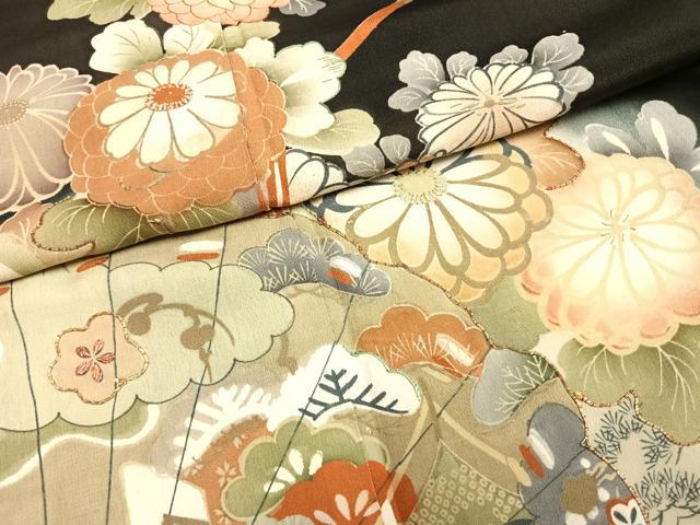 平和屋着物●アンティーク 大正ロマン 黒留袖 両褄 駒刺繍 扇面花文 暈し染め 正絹 逸品 AABI1999fy