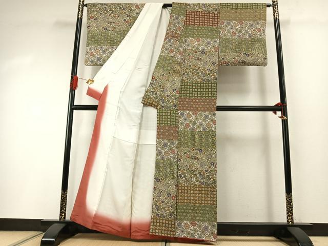平和屋着物●上質な小紋 型染め 横段花鳥文 鬼しぼ縮緬 正絹 逸品 AABI2042fy