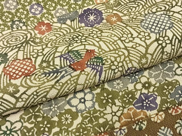 平和屋着物●上質な小紋 型染め 横段花鳥文 鬼しぼ縮緬 正絹 逸品 AABI2042fy