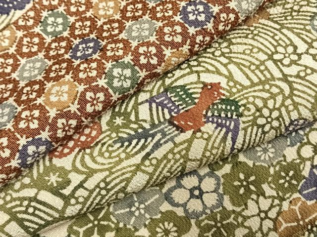 平和屋着物●上質な小紋 型染め 横段花鳥文 鬼しぼ縮緬 正絹 逸品 AABI2042fy