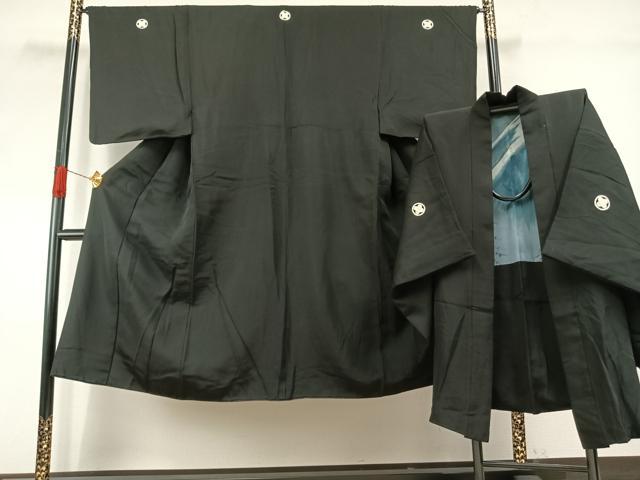 平和屋着物●男性 黒紋付 羽織セット 正絹 逸品 AABI2058fy