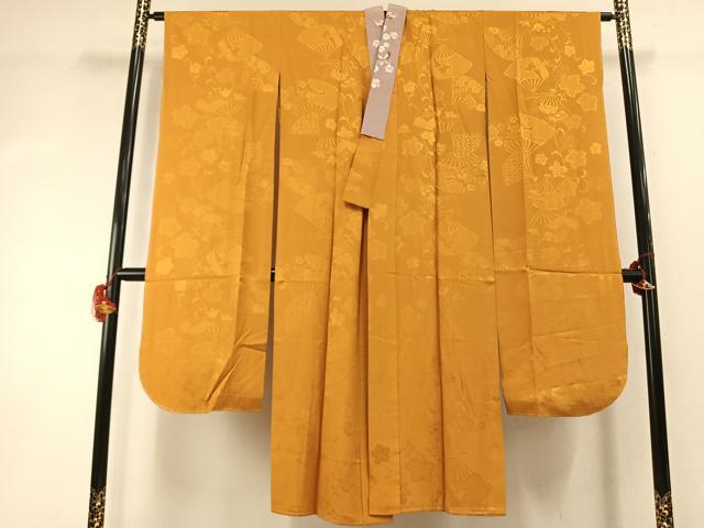 平和屋着物●振袖用長襦袢 無双仕立て 扇面花地紋 黄朽葉色 やまと誂製 半衿刺繍 正絹 逸品 AABI2060fy