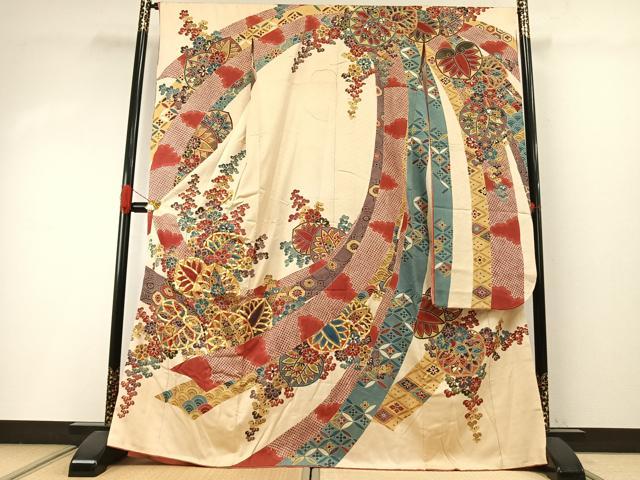 平和屋着物●豪華振袖 駒刺繍 草花文 金彩 正絹 逸品 AABI2071fy