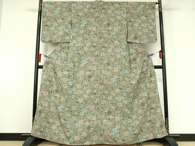 平和屋着物▽上質な小紋 単衣 草花文 鬼しぼ縮緬 正絹 逸品 AABI2087jh