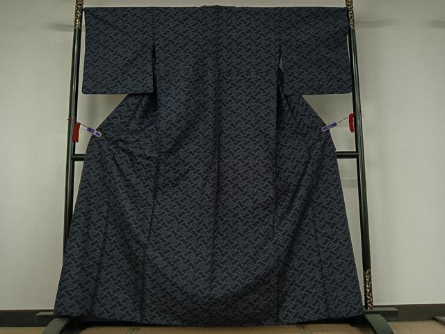 平和屋着物▽結城紬 単衣 80亀甲 幾何学文様 正絹 逸品 AABI2090jh