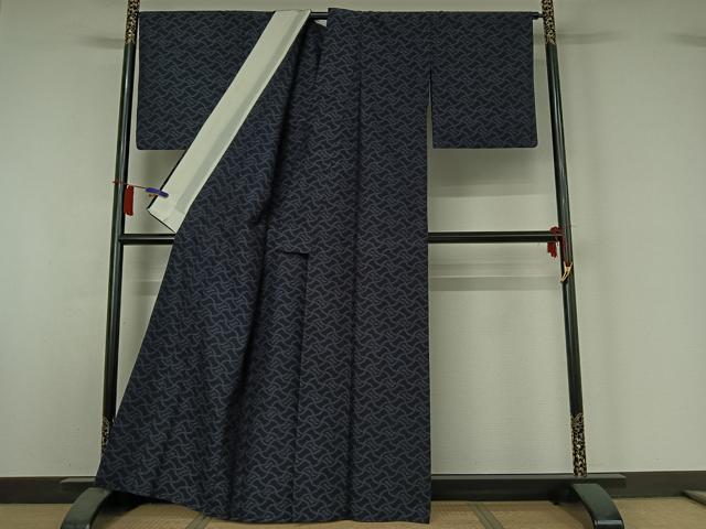 平和屋着物▽結城紬 単衣 80亀甲 幾何学文様 正絹 逸品 AABI2090jh