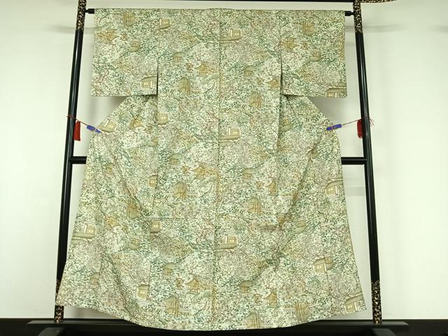 平和屋着物▽上質な小紋 単衣 紬地 手描き 風景花文 正絹 逸品 AABI2108jh