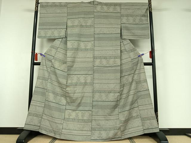 平和屋着物▽上質な紬 単衣 横段花文 正絹 逸品 AABI2119jh