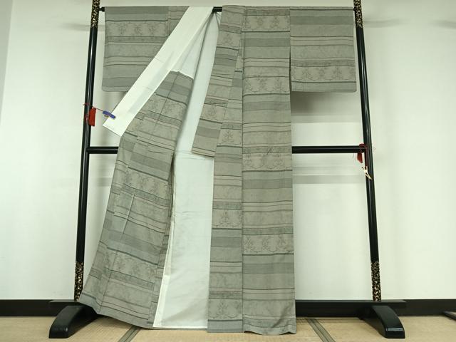 平和屋着物▽上質な紬 単衣 横段花文 正絹 逸品 AABI2119jh