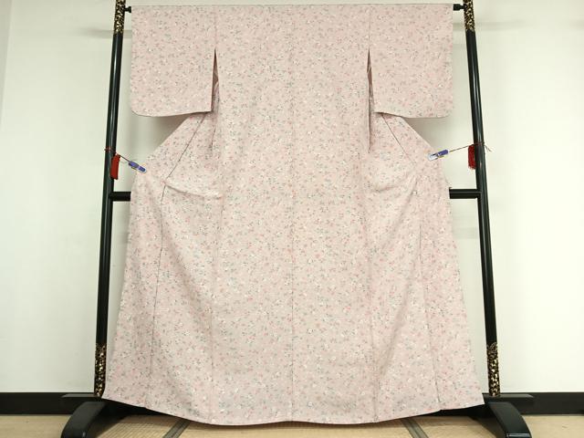 平和屋着物▽お召 単衣 草花文 正絹 逸品 AABI2128jh